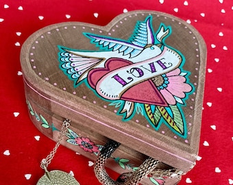 Wooden Heart Trinket Kepsake Box, Jewellery box hand painted with tattoo swallow art, Thoughtful Valentines Day gift