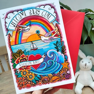 Neues Baby Mädchen Karte | Regenbogen Baby, Willkommen in der Welt, Abenteuer erwarten Grußkarte | Vögel, Regenbogen cooles neues Mutter Geschenk