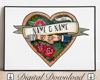 DIGITAL DOWNLOAD Personalised Tattoo Couple Art, Wedding, Engagement Gift – Add your own names | For the alternative cool couple