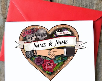 Personalised Gothic Wedding Card | Alternative Goth, Halloween, Skull, Engagement, Valentines Day | Cool Tattoo, Till Death Do Us Part, Gift