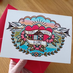 Neues Zuhause Grußkarte | Home Sweet Home Karte | Willkommen Zuhause Karte Tattoo Art Kunst | Einweihungsparty Geschenk, Umzugskarte, neues Haus