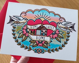New Home Greeting Card | Home Sweet Home Card | Welcome home card tattoo style art | Moving house card, new house