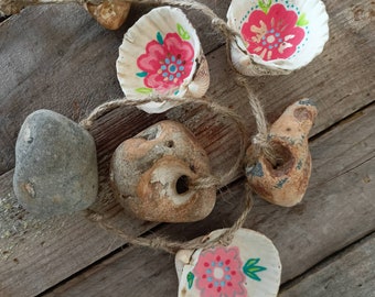 Hag stones & seashells, protective door, wall or garden hanging. Beach hag, witch, holey, Odin stone pebble. Nautical home decor. England