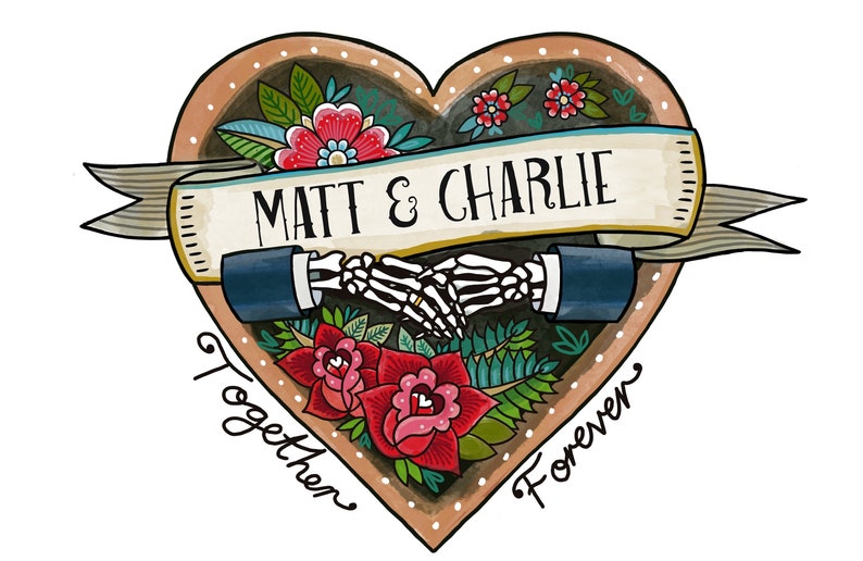 Personalised Till Death Skeleton Couple Card, Wedding, Valentines Day Add your own names. Alternative cool couple, Together Forever Male & Male