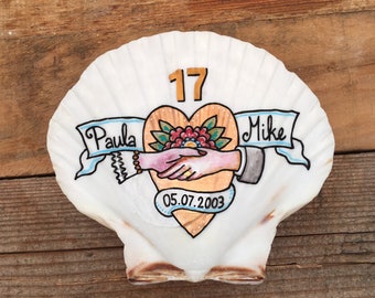 Personalised Wedding, Anniversary Seashell. Beautiful curved scallop shell with custom names and date. Wedding or 17th Year Anniversary gift