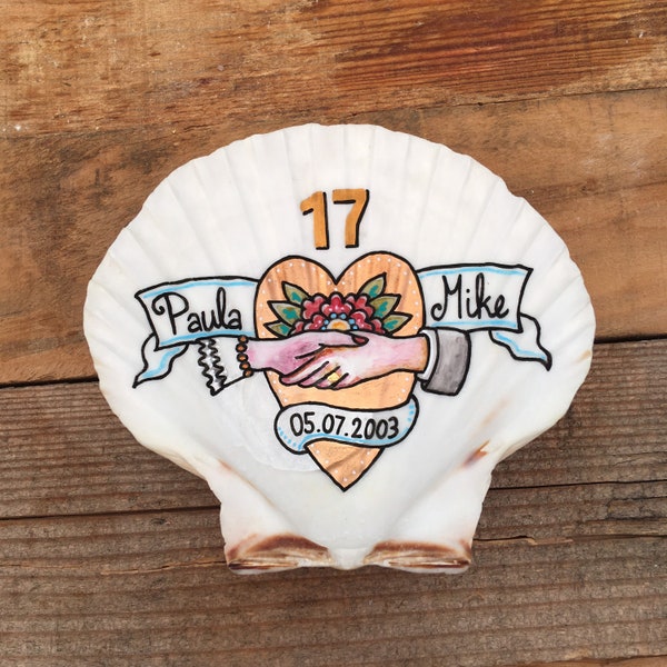 Personalised Wedding, Anniversary Seashell. Beautiful curved scallop shell with custom names and date. Wedding or 17th Year Anniversary gift