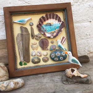 Brighton West Pier Beach Art | Pebble, Shell, Driftwood Art In Wooden Frame | Beach Decor Wall Art