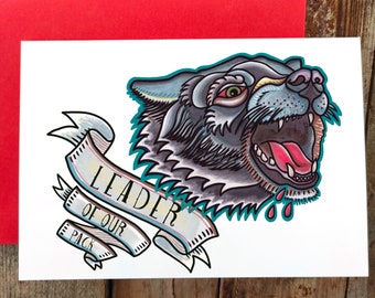 Fathers Day, Leader of our Pack Card | Cool Fathers Day, Wolf Dad Card, The Best Dad, Daddy | Father, Son Greeting Card | Cool Tattoo Card