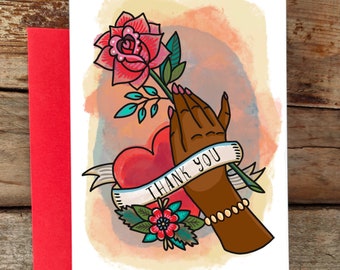 Thank You Card, Floral Greeting Card. Tattoo Style Art, Cool Card for a Cool Friend - choose your skin tone