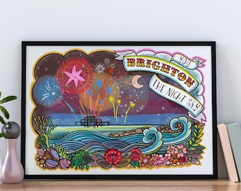 You Brighton The Night Sky, Brighton West Pier Wall Art | Brighton Beach UK Souvenir | Original Art, Beach house decor from Brighton artist