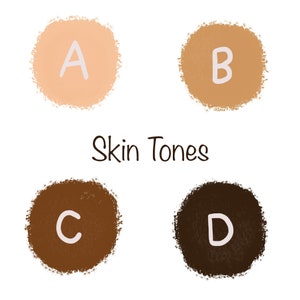 May include: A graphic chart titled Skin Tones featuring four circular swatches of color labeled A, B, C, and D. Swatch A is light beige, B is medium tan, C is dark brown, and D is deep espresso brown. Each letter is written in a light color.