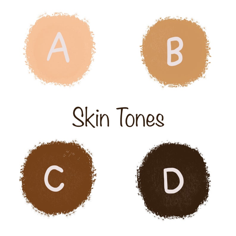 May include: A graphic chart titled Skin Tones featuring four circular swatches of color labeled A, B, C, and D. Swatch A is light beige, B is medium tan, C is dark brown, and D is deep espresso brown. Each letter is written in a light color.
