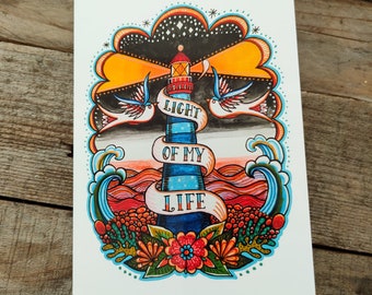 Light Of My Life Lighthouse Card | Personalised Nautical Greeting Card, Anniversary or Valentines Day Card | Positive Quote Card