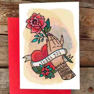 Danke, Blumen Gruß-Karte zu kardieren. Tattoo Style Art, Coole Karte für einen coolen Freund. Tättowierte Hand Karte.