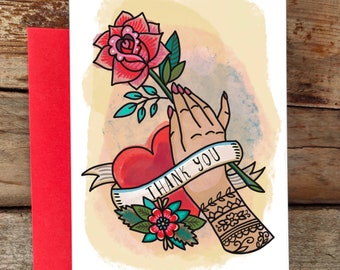 Thank You Card, Floral Greeting Card. Tattoo Style Art, Cool Card for a Cool Friend. Tattooed Hand Card.