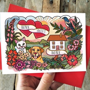 Biglietto di auguri per la nuova casa / Il nostro posto felice, gatto, cane, biglietto "Casa dolce casa" / Biglietto di benvenuto a casa in stile tatuaggio / Biglietto di trasloco, nuova casa