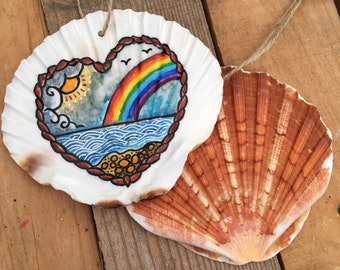 Look for the rainbow after the storm, Seashell - Send a slice of the beach to a loved one. Scallop Shell, Hand Decorated. FREE UK Postage