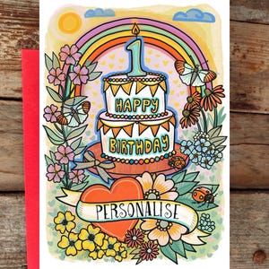 Tarjeta de primer cumpleaños personalizada para bebé niña niño unisex / Una celebración del primer cumpleaños del bebé arcoíris / Pastel de cumpleaños colorido y divertido con mariquita