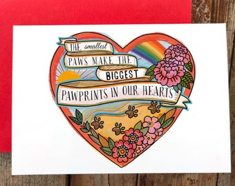 Pet loss Rainbow Bridge Card for the loss of a pet dog or cat | Sorry for your loss, pet dog grieving | Paw prints in our hearts grief card