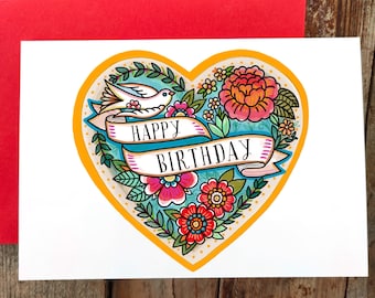 Birthday Card Tattoo Style Flowers and Banner | Summer Birthday Cool Happy Birthday Card | Summer Flowers Tattoo Art with Swallow