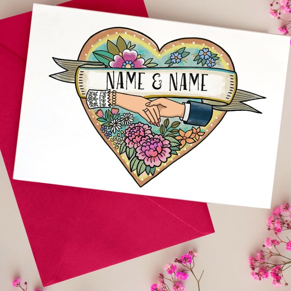 Personalised Summer Wedding Card, Floral, Flower Boho Wedding, Engagement, Valentines Day Card. Custom Names & Skin Tones, Keepsake Momento