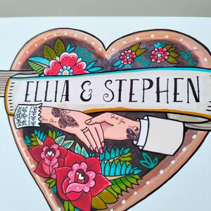 May include: A heart-shaped illustration featuring a banner with the text ELLIA & STEPHEN. Inside the heart, two hands are joined, surrounded by vibrant red flowers, green leaves, and a dark background. The artwork uses bold lines and colors.
