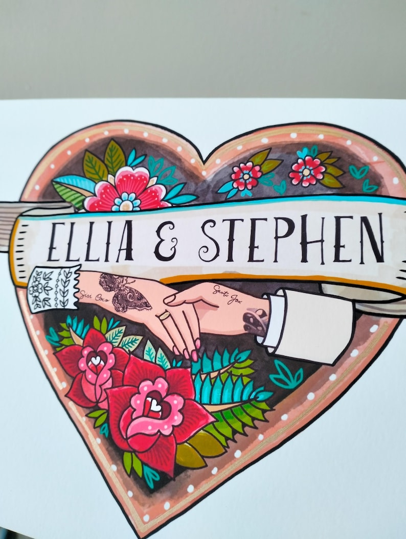 May include: A heart-shaped illustration featuring a banner with the text ELLIA & STEPHEN. Inside the heart, two hands are joined, surrounded by vibrant red flowers, green leaves, and a dark background. The artwork uses bold lines and colors.