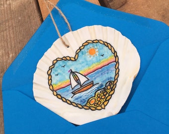 Find calm amongst the blues, Seashell - Send a slice of the beach to a loved one. Scallop Shell, Hand Decorated. FREE UK Postage