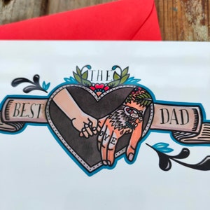 Tarjeta personalizada para papá tatuado / El mejor papá / Tarjeta de felicitación para padre e hijo / Tarjeta con tatuaje genial