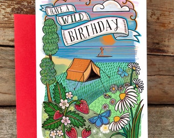 Have A Wild Birthday Card | Outdoorsy, Wild Camping, Summer Birthday, Cool, Happy Birthday Card | Flowers, Tattoo Art with Paddle Boarder
