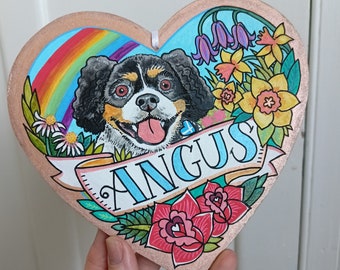 Pet Memorial Picture | Rainbow Bridge Art with your pet picture | Hanging wooden heart with hand painted pet portrait