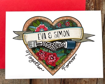 Personalised Gothic Till Death Skeleton Wedding Card, Anniversary, Valentines Day, Alternative cool couple, Macabre, Skull, Together Forever