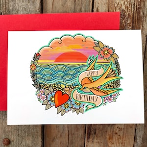 Cartão de aniversário para filha e nora, personalizado, adicione seu próprio texto | Andorinha e flores estilo tatuagem | Cartão de feliz aniversário de verão |