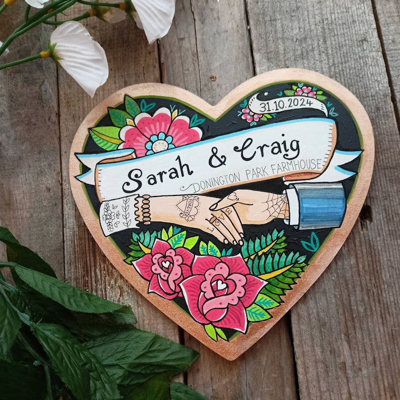 Personalised Wedding Keepsake Gift | Gift for the Bride and Groom | Cool Anniversary Wall Art Gift | Traditional Tattoo Style Art