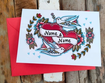 Personalised Heart Card, Wedding, Anniversary, Valentines Day – Add your own names to the heart banners