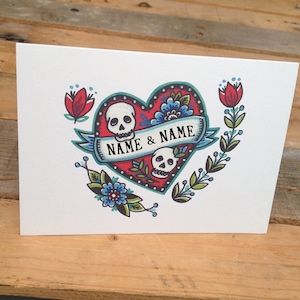 Personalisierte Schädel-Hochzeitskarte, Valentinstag - fügen Sie Ihre eigenen Namen hinzu. 'Till Death Do Us Party' Für die alternativen Paare, die heiraten wollen