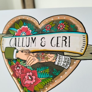 May include: A heart-shaped illustration featuring a banner with the text CALLUM & CERI. Inside the heart, two hands are joined, one wearing a green sleeve and the other a white lace cuff. The design is decorated with red and pink flowers.