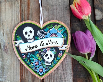 Personalised Skull Wooden Love Heart | Valentines Day, Wedding Gift | Wall Hanging Art | Sugar Skulls For the alternative couple