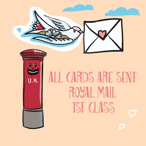 May include: A light peach background features a red U.K. post box with a smiling face, a white envelope with a pink heart, and a white swallow bird with floral details. The text reads: ALL CARDS ARE SENT ROYAL MAIL 1ST CLASS in pink lettering.