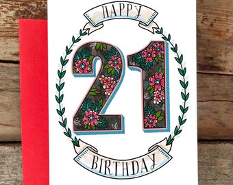 21st Birthday Card Tattoo Style Flowers and Banner | Summer Birthday Cool Happy Birthday Card | Summer Flowers Tattoo Art