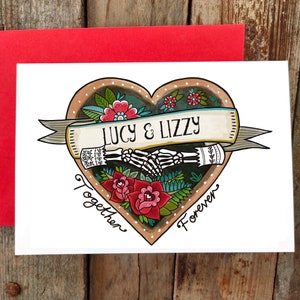Carte de mariage personnalisée squelette gay, lesbienne gothique, anniversaire LGBTQ, Saint-Valentin, couple cool alternatif, macabre, tête de mort d'Halloween