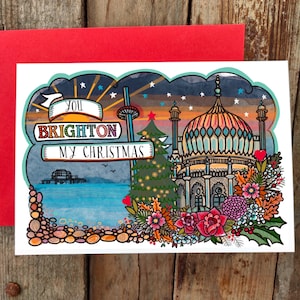 Kerstkaart Brighton | Fijne kerstdagen in Brighton | Vrolijke en heldere, traditionele Engelse kerstkaart | Brighton West Pier, regentschap