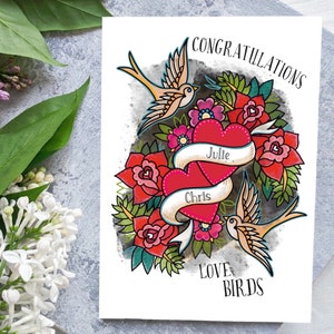 Carte de mariage personnalisée, tatouage d'oiseaux d'amour, anniversaire, carte de Saint-Valentin | Alternative cool carte de félicitations pour couple tatoué