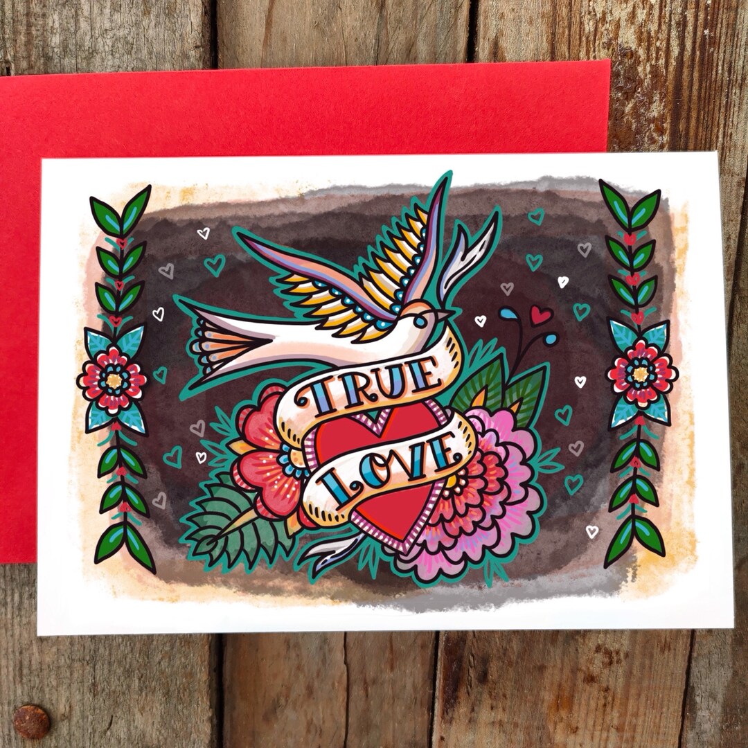 Tattoo Flash Valentines Card | True Love Swallow Tattoo Valentines Day ...