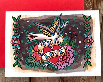 Carte flash de Saint-Valentin de style tatouage | Carte fraîche de tatouage d'hirondelle d'amour | Pour le couple cool alternatif