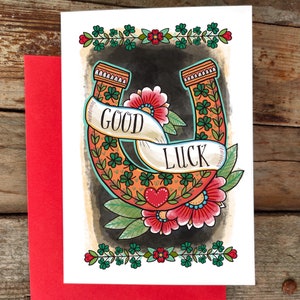 Bonne chance | Nouveau travail, bonne chance, fer à cheval porte-bonheur, trèfle à quatre feuilles, art de style tatouage | Carte porte-bonheur cool