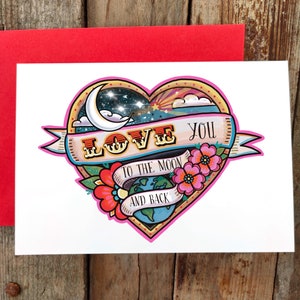 Je t'aime sur la lune et le dos de la carte | Fête des mères mère, fille | Amour père et fils | Carte d'anniversaire sympa
