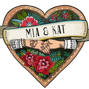 May include: A heart-shaped illustration featuring a banner with the text MIA & KAT. Two hands are joined in the center, adorned with tattoos and lace cuffs. The design is decorated with red roses, green leaves, and small white flowers.