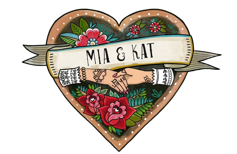 May include: A heart-shaped illustration featuring a banner with the text MIA & KAT. Two hands are joined in the center, adorned with tattoos and lace cuffs. The design is decorated with red roses, green leaves, and small white flowers.