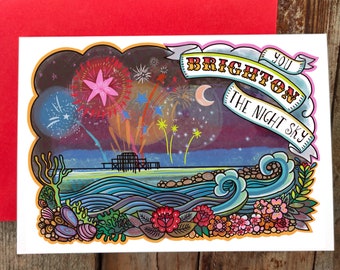 You Brighton The Night Sky Greeting Card | Positive quote friendship card | Thank you card of Brighton beach